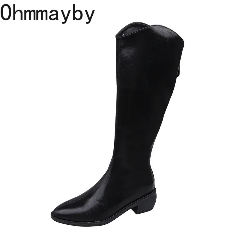 Women Knee High Boots Fashion Elegant Pointed Toe Side Zippers Shoes Square Heel Womens Western Cowgirl Booties 241030