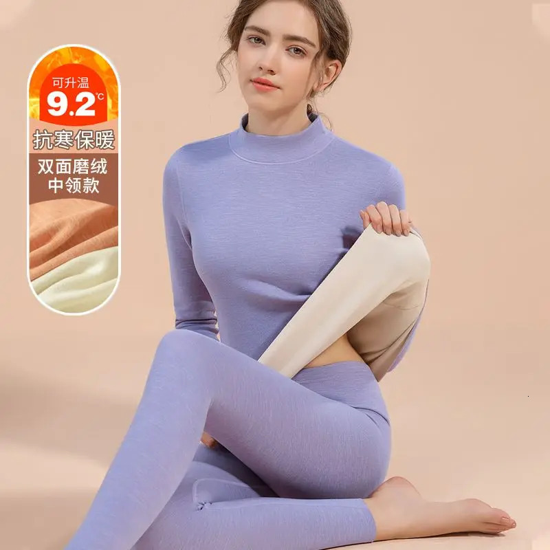 Thermal Underwear Sets for Women Mid-high Collar Winter Warmth High Stretch Base Thick Velvet Tops Trousers Seamless Lingerie 241031