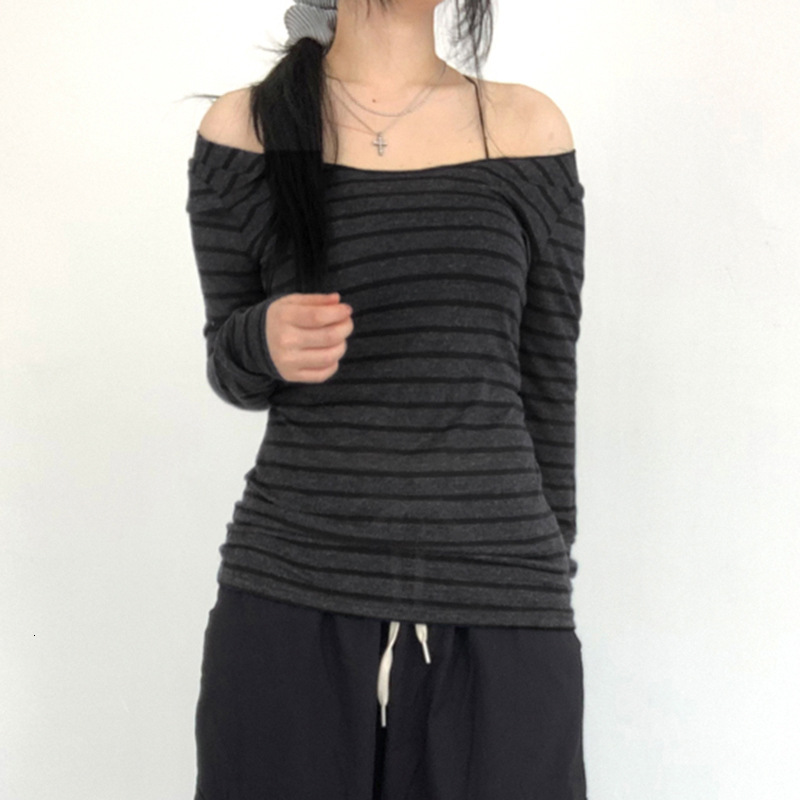Designer 2024 casual one shoulder long sleeved striped T-shirt for women in spring and autumn Y2K street slim fit personalized base top