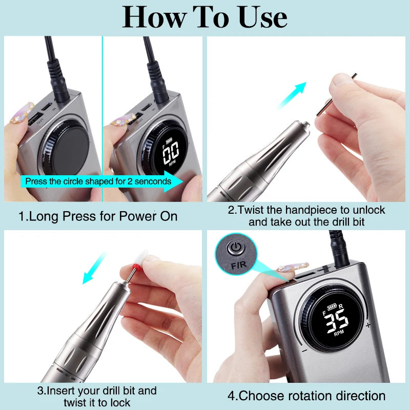 YOKEFELLOW Professional Nail Drill Kit 35000RPM rechargeable portable electric nail file for ergonomic acrylic gel nails 241030