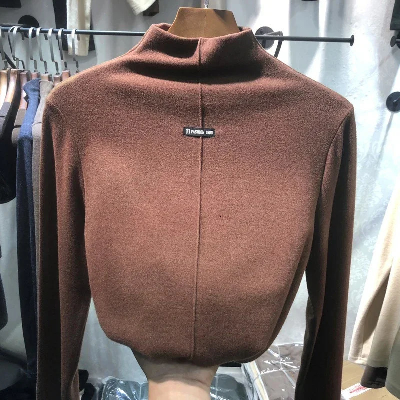 Harajuku half turtleneck Casual slim fleece Thick bottoming Tshirt autumn winter velvet Long Sleeve solid T Shirt Women y2k Top 241031