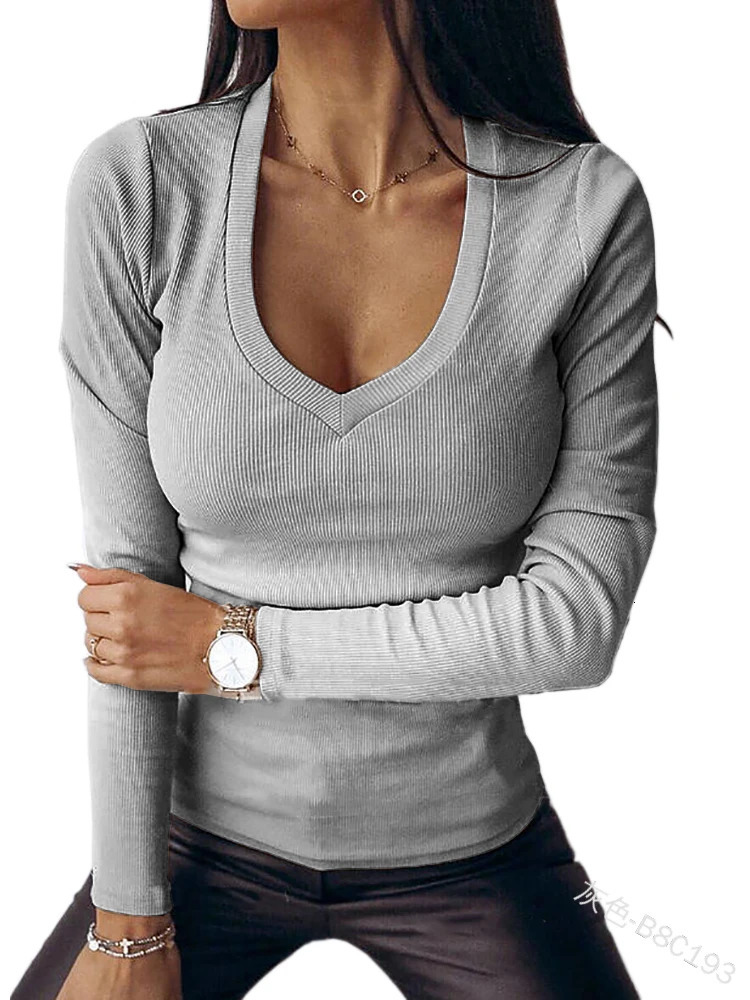 Womens Ribbed Knit Long Sleeve TShirt Top Autumn Winter Casual Slim Fit Basic Deep V Neck Fashion Sexy Pullover Tops 241031