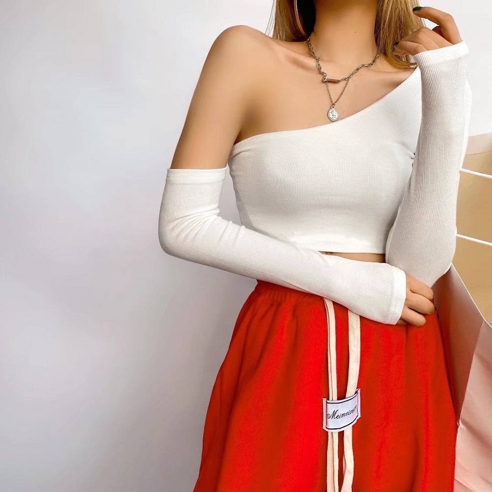 Designer YPFF Trendy Wear Caution Machine Short Cross Shoulder Long Sleeve T-shirt Women's INS Fashion Irregular Bottom Top