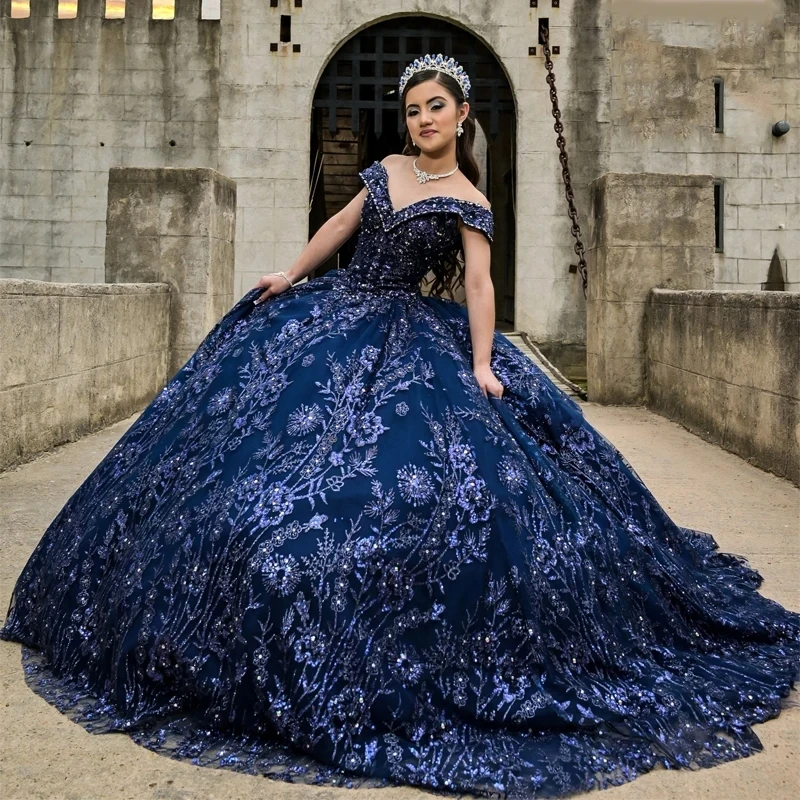 Navy Blue Princess Quinceanera Dresses Off the Shoulder Ball Gown Sweet 16 Dress Sequin Appliques Lace Beads Tull Vestidos 15 De XV Anos