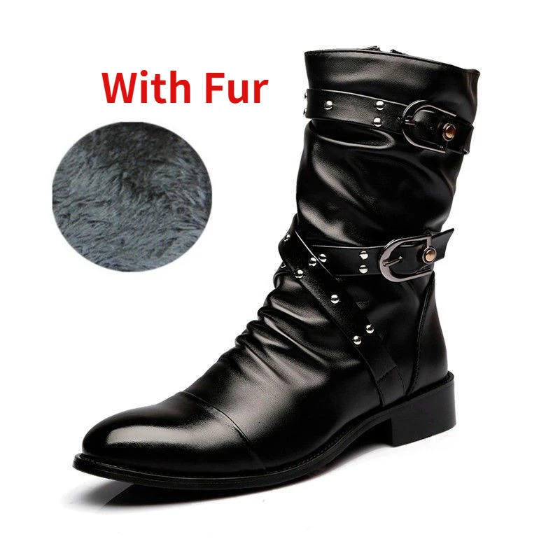 Winter Pointed Toe Mens Small Leg Boots with Buckle Chelsea Boots Mens Leather Motorcycle Boots Premium Mens Winter Shoes 241031