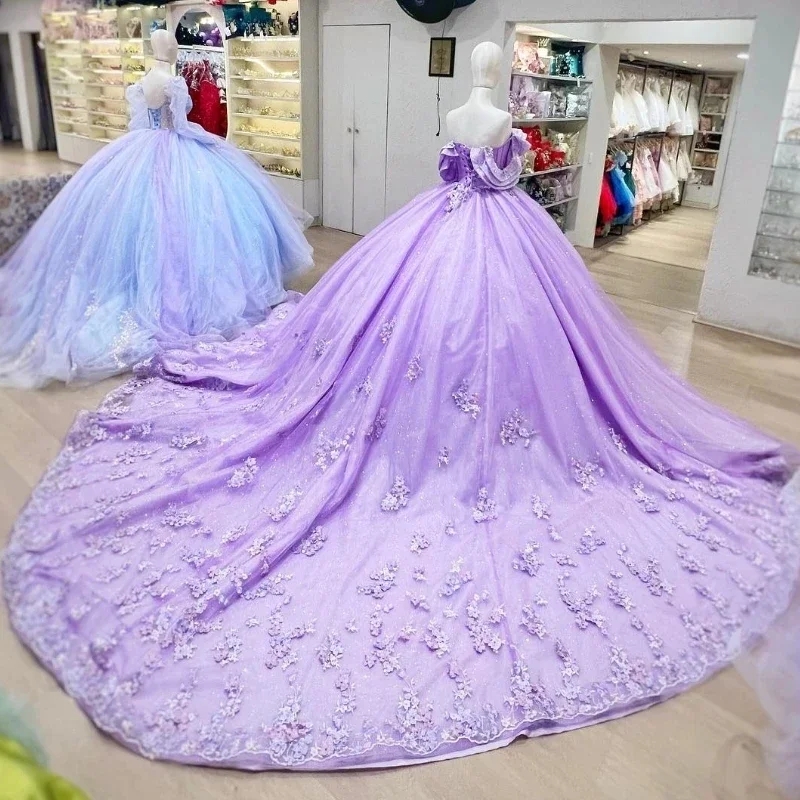 Lilac Shiny Quinceanera Dresses Ball Sweet 16 Dress Applique Lace Tull Party Vestidos 15 De XV Anos Beads Birthday Gown 1102