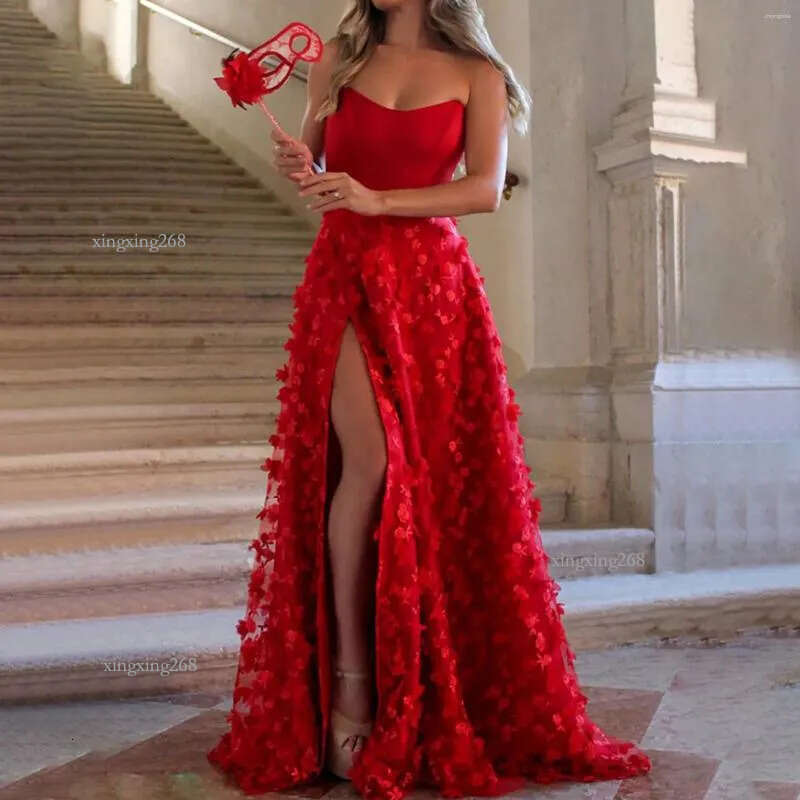 Casual Dresses Women's 3D Embroidered Tube Top Mesh Sexy Elegant Tulle Floral Back Tie Hem Slit Prom Formal Evening Dress Maxi