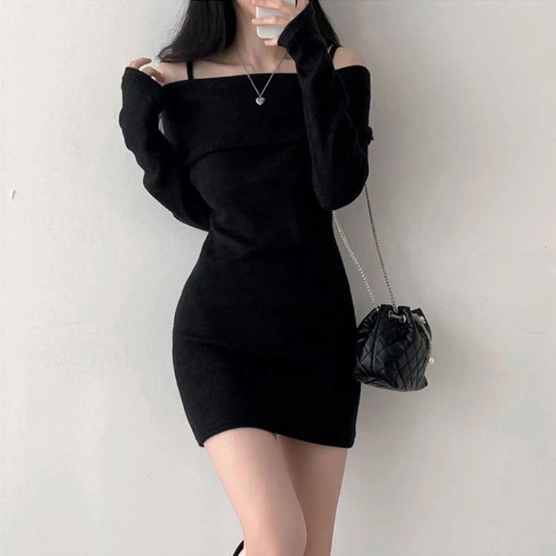 Y2K Women Knitted Mini Dress Korean Sexy Off Shoulder Female Dress Spring Spaghetti Strap Long Sleeve Ladies Vestidos 241031
