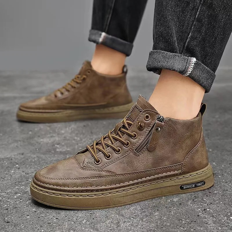 Mens boots autumn style outdoor fashion high cut thick sole height increase casual trend lace zipper anti slip high heels 241031