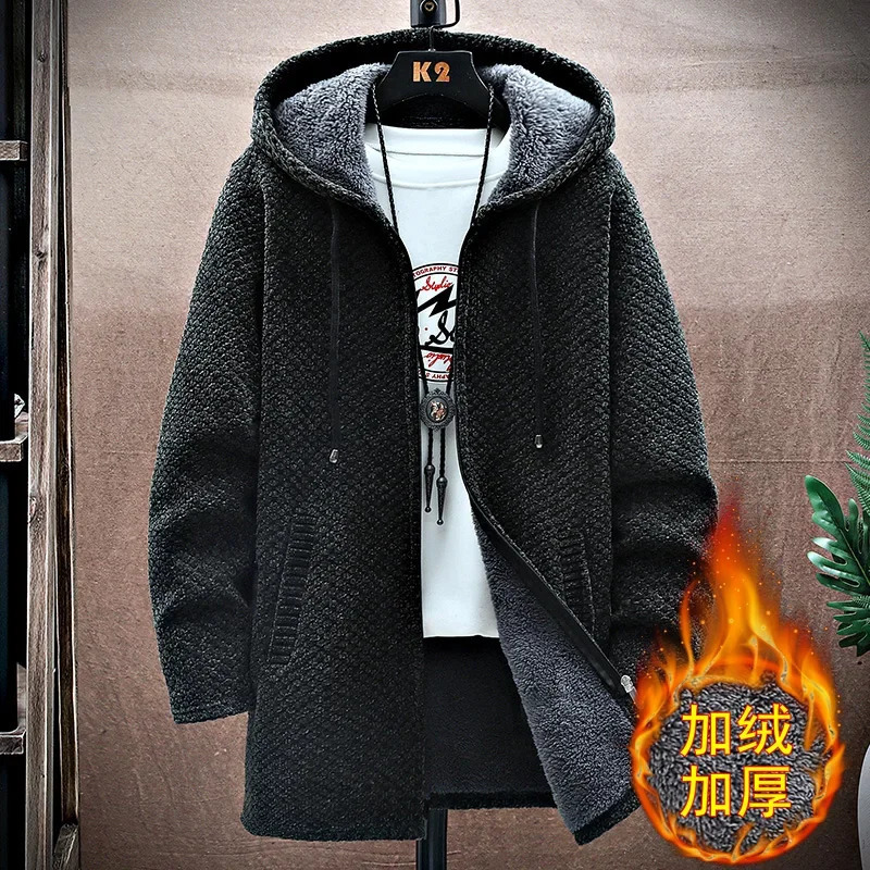 Mens Cardigan Cashmere Long Coat Sweaters with Hoods Autumn Winter Fleece Warm Solid SweaterCoat Windbreaker Men Clothing 241031