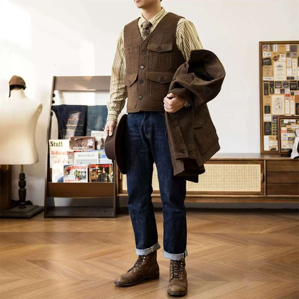 Red Tornado Heritage Style Wool Tweed Vest Outdoor Men's Multi-Pocket Work Waistcoat