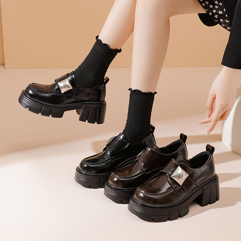 Platform Loafers Women Cow Leather Round Toe Triangle Marker New Sewing Design Classical Black Shoes Female Handmade