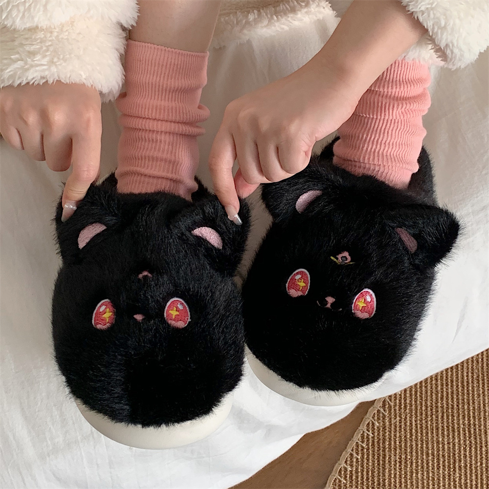 Slipper Little Black Cat slipper for women girls Fashion Kawaii Fluffy warm winter women cartoon cute little black cat shoes