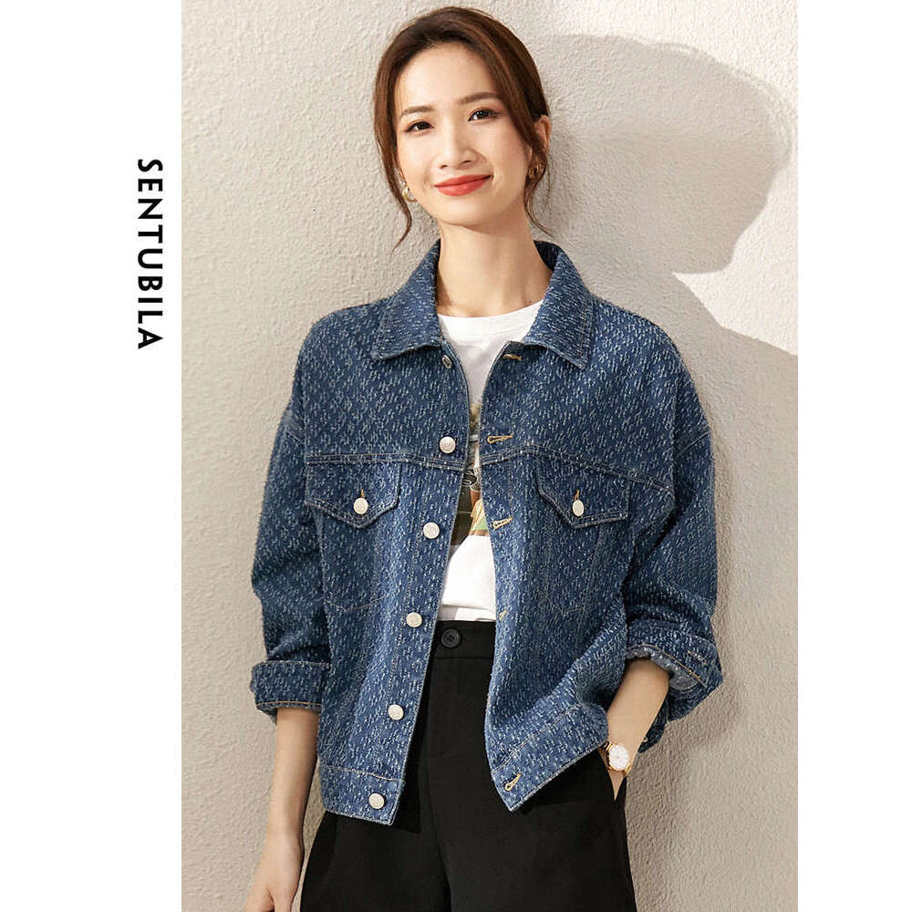 SENTUBILA Jacquard Denim Jackets Women Spring Casual Turn-Down Collar Long Sleeve Coats Fashion Loose Female Outerwear W31w45765
