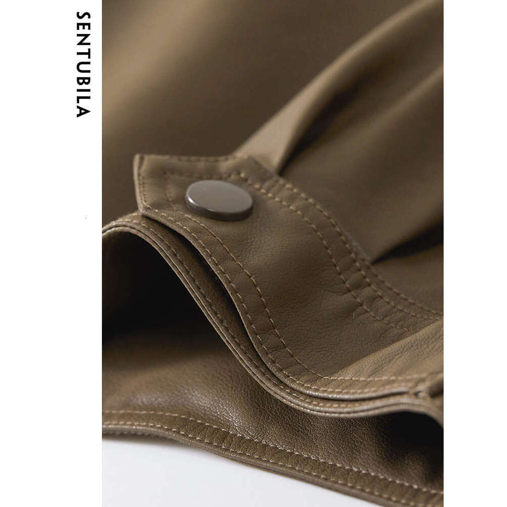 SENTUBILA Cropped Pu Bomber Women 2024 Autumn Winter Vintage Lapel Zip Up Faux Leather Jacket Motorcycle Coats