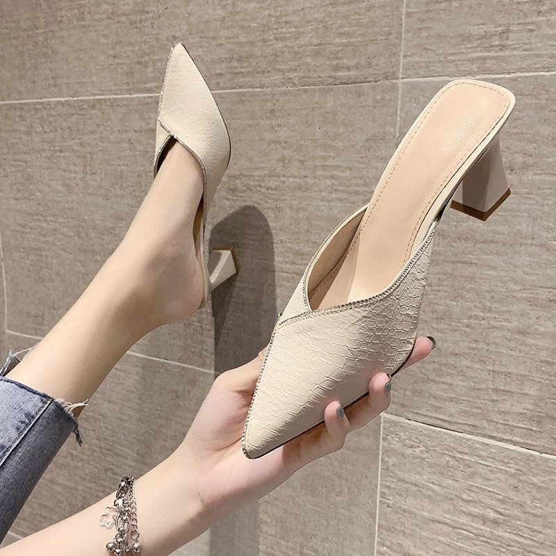 Net Red Baotou Half Slippers Women Wear Summer Fairy Feng Rhinestone Pointed Thick Heel High Heel Womens Shoes 241031