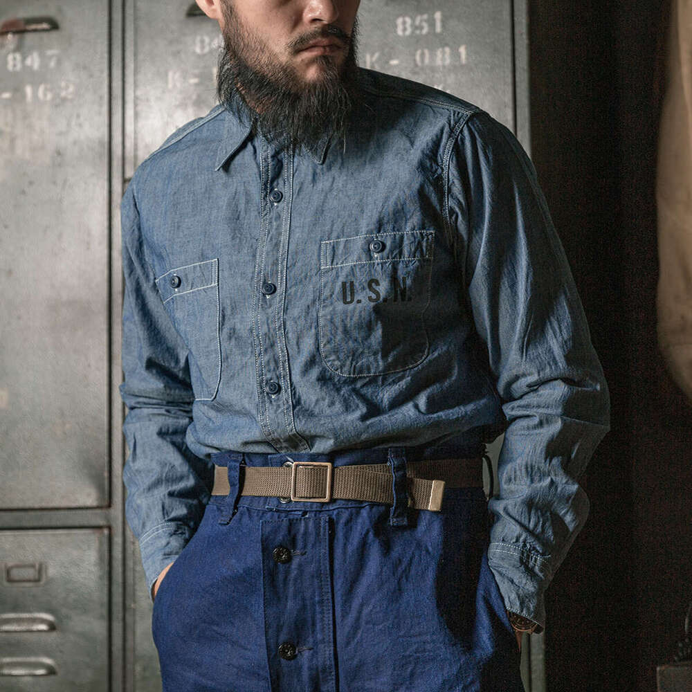 Bronson Repro USN Chambray Work Shirt Red Men's Seedge Workwear Light Blue