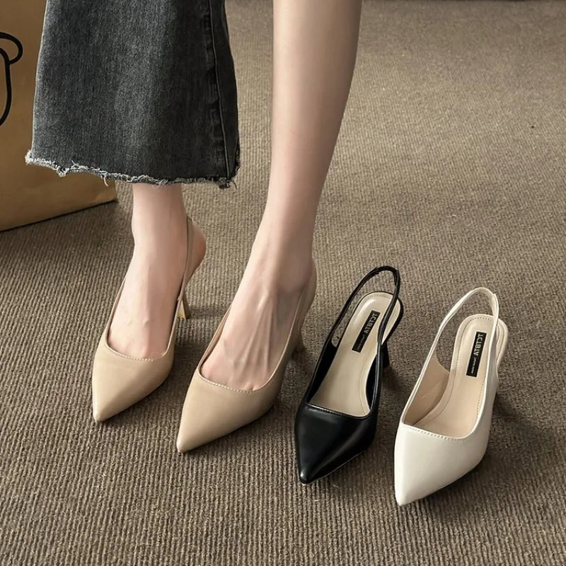 Baotou back empty sandals high heels womens thick heel 2024 spring single shoes pointed toe black work shoes high heels 241031
