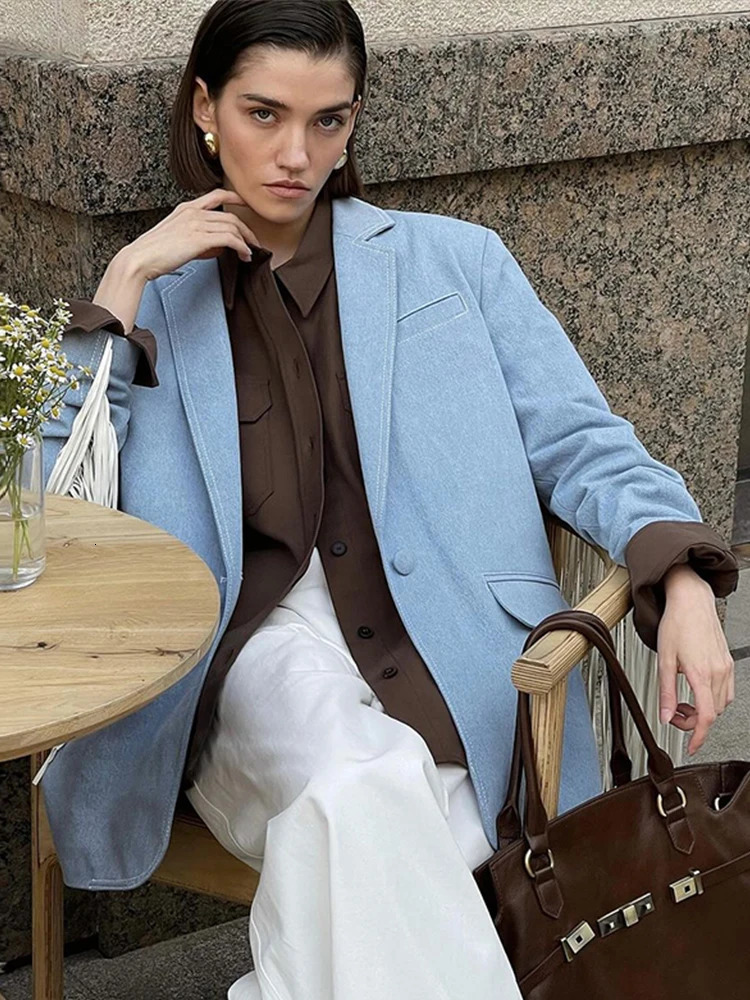 Tassel Denim Suits Jacket Flip Collar Single Button Commute Elegant Loose Casual Vintage Street Fringe Suit Top Women 241031