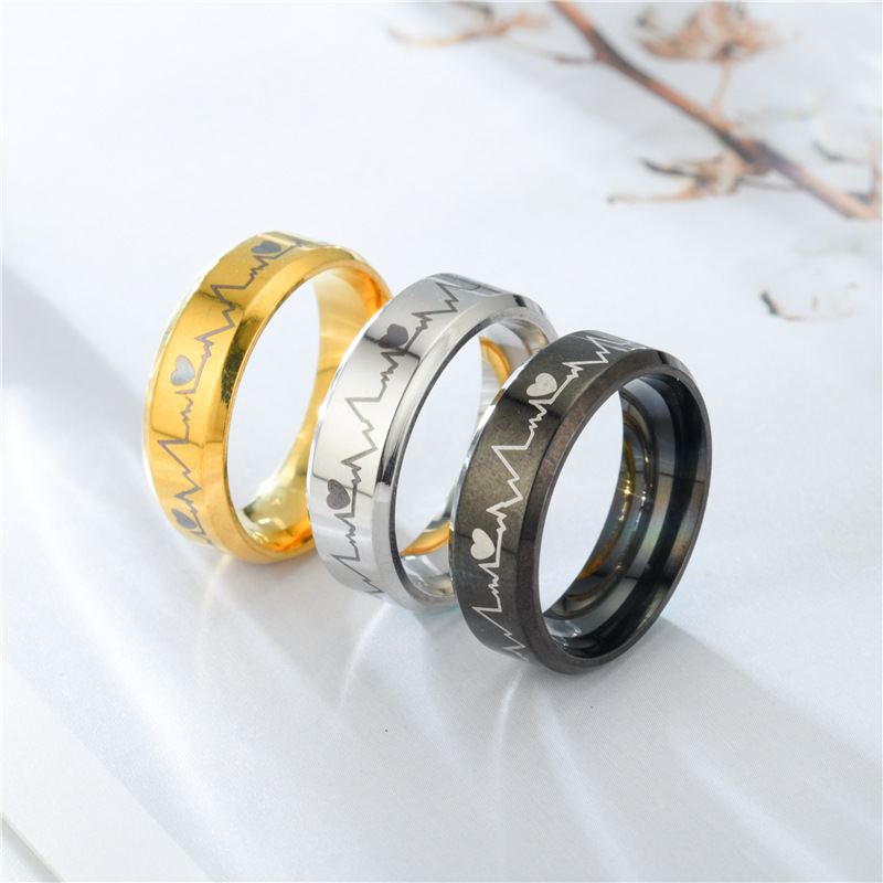 18K Gold Silver Titanium Steel Electrocardiogram Ring for Men Women Stainless Steel Couple Lovers Ring Jewelry Gift for Boyfriend Girlfriend Birthday 