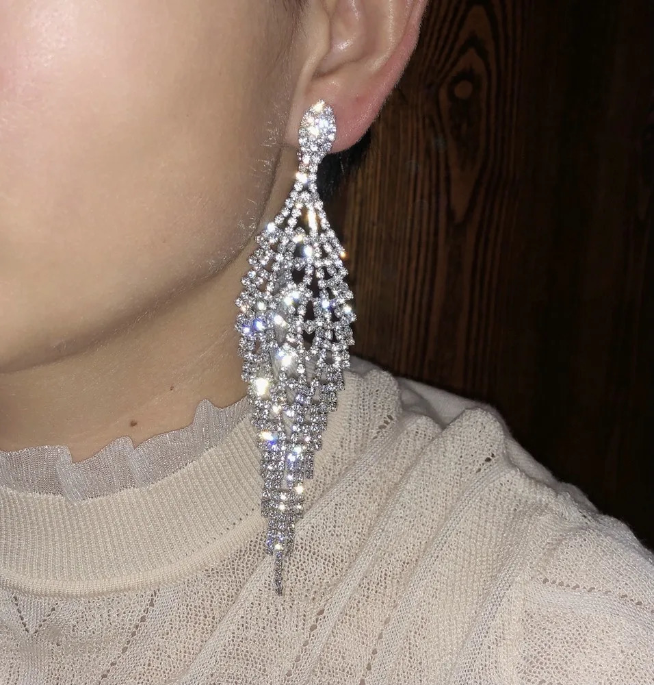 Long Tassel Clip On Earrings Rhinestone Chandelier Boho Fringe Chain Earring for Wedding Bridal Party Jewelry 241030