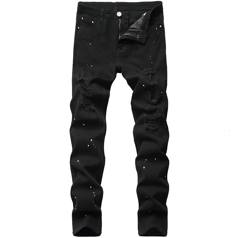Men Denim Jeans Ruined Hole n Lacquer Foot Casual Long Pants Stretch Regular Fit Black Trousers Arrivals 241024