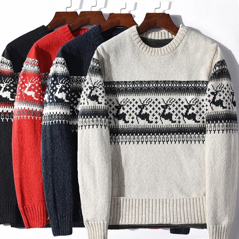 Winter Pullover Sweater Male Clothing Thick Fleece Wool Mens Jumpers Coats Jacquard deer christmas Knitted Men vintage 241031