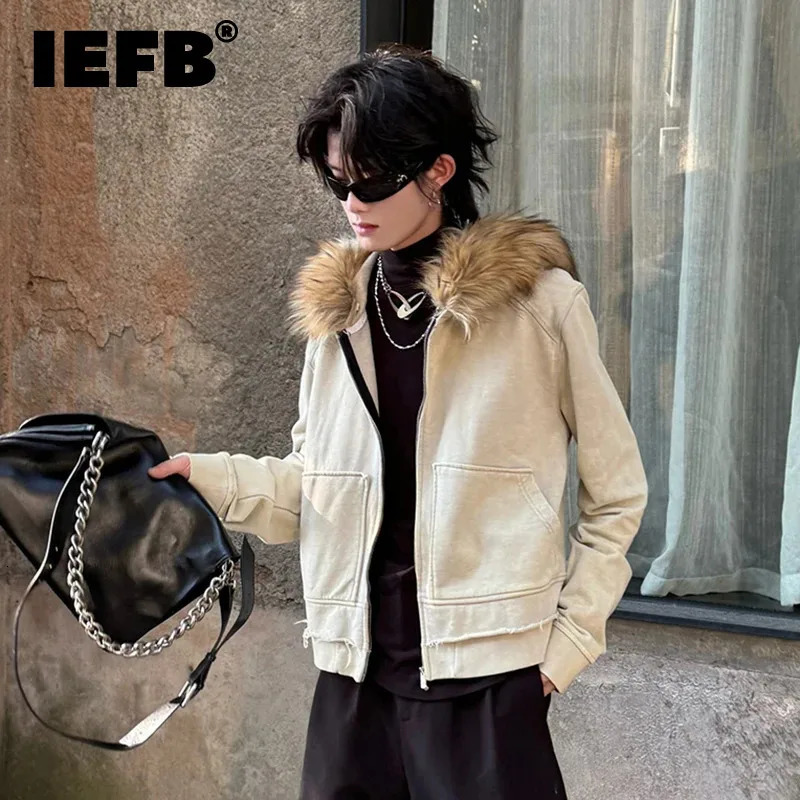 IEFB Fashion Mens Jackets Hooded Fur Collar Zipper Big Pockets Solid Color Slim Casual Male Shorts Coats Korean Style 9C8250 241031