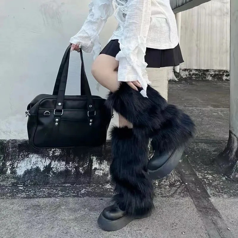 Women Faux Fur Leg Warmers Y2K Punk Winter Warm Plush Thickening Jk Leggings Boots Cover Lolita Harajuku Party Long Leg Socks 241031