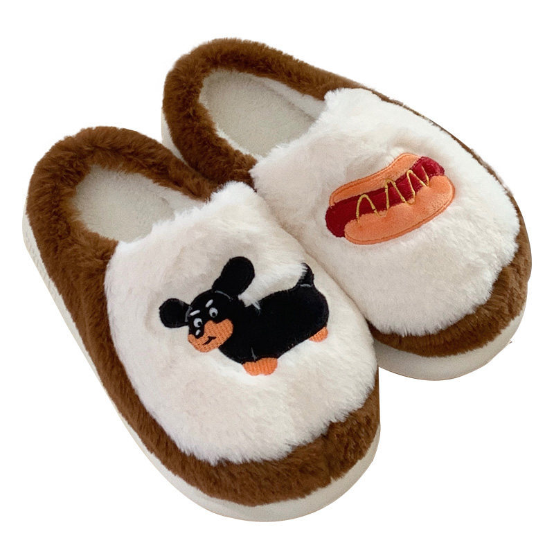 Female winter personality cartoon dachshund puppy fluffy cotton slippers Warm and interesting shoes for home bedroom in winter