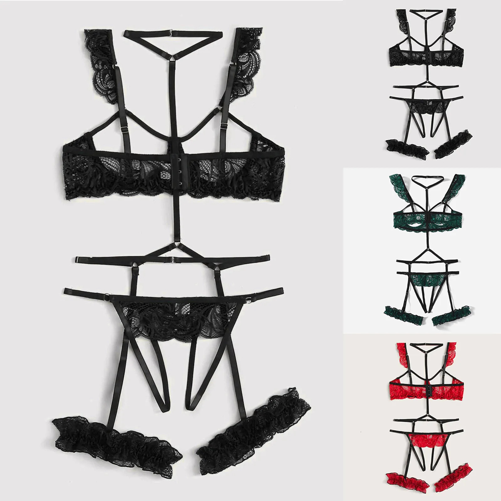 Woman Flower Lace Underwire Garter And Thong Sexy Bra Ultrathin Underwear Set Transparent Bra Set Embroidery Lingerie Brassiere 241031