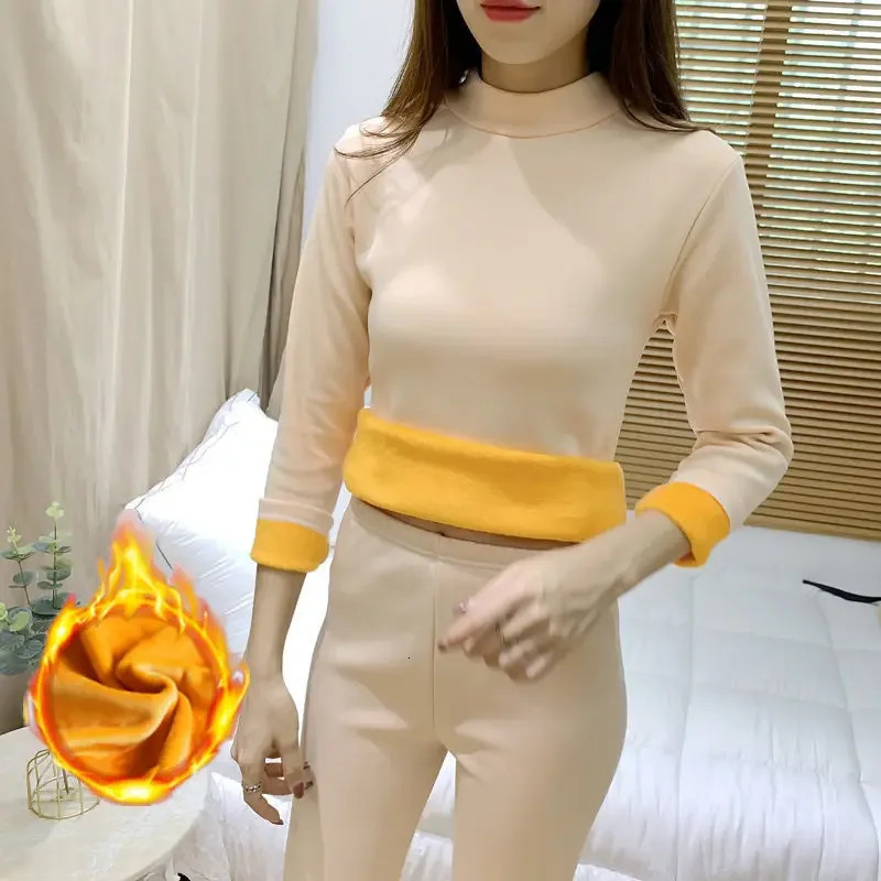 Thermal Underwear Suit Womens High-neck Thickened Plus Velvet Winter Inner Wear Suit Semi-high-neck Bottoming Shirttrousers 241031