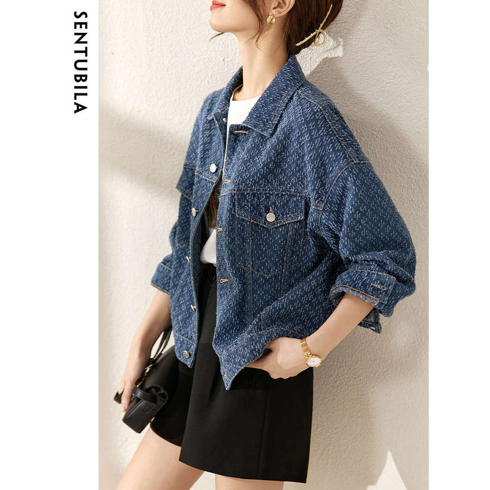 SENTUBILA Jacquard Denim Jackets Women Spring Casual Turn-Down Collar Long Sleeve Coats Fashion Loose Female Outerwear W31w45765