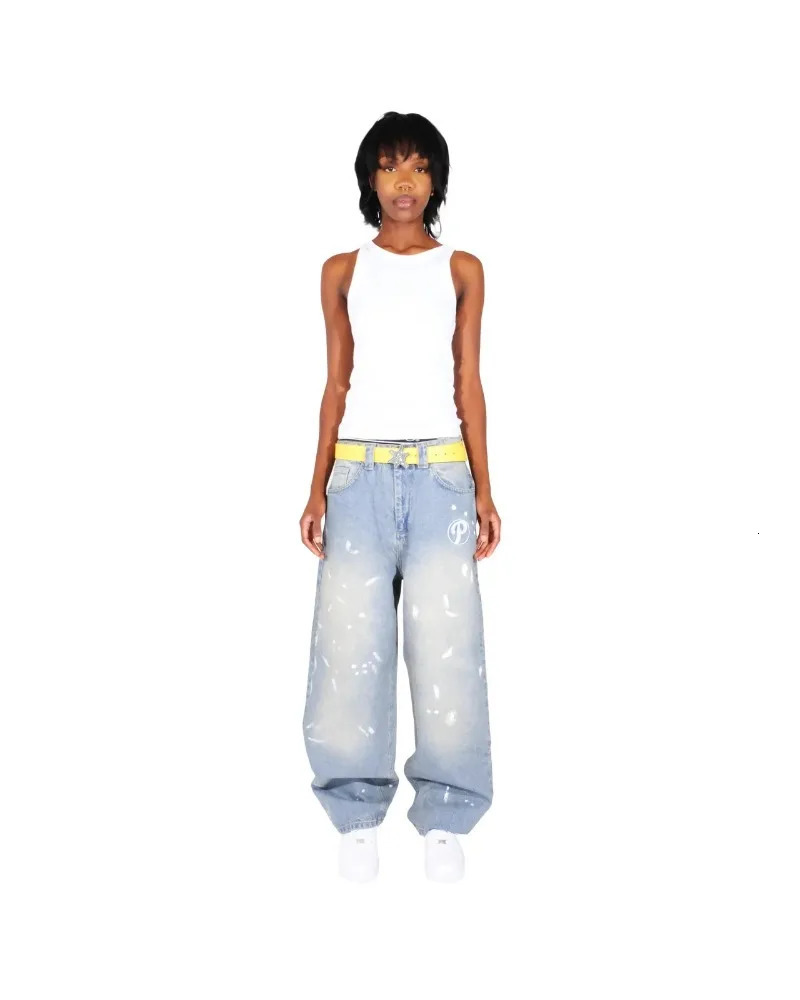 Streetwear protective jeans Y2K mens pants Harajuku hip-hop letter embroidery retro blue pocket jeans high waist wide leg Trouser 241031