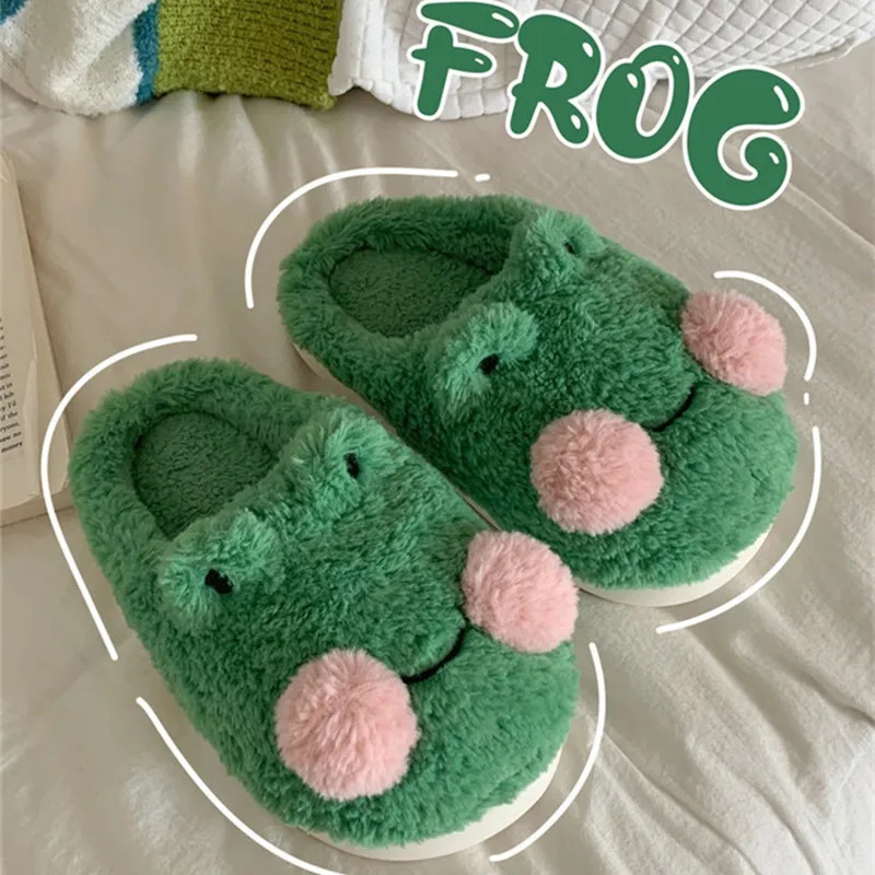 Interesting Couple Cute Frog Cotton Slippers Winter Student Non slip Warm Plush Home Slippers Mens and Womens Home Shoes 241031