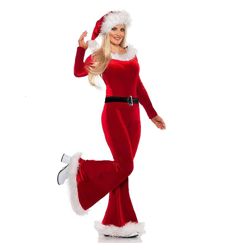 Women Red Christmas Costumes Cute Long Sleeve Flared Jumpsuit and Santa Hat Set for Cosplay Role-Playing Party Outfits 241031