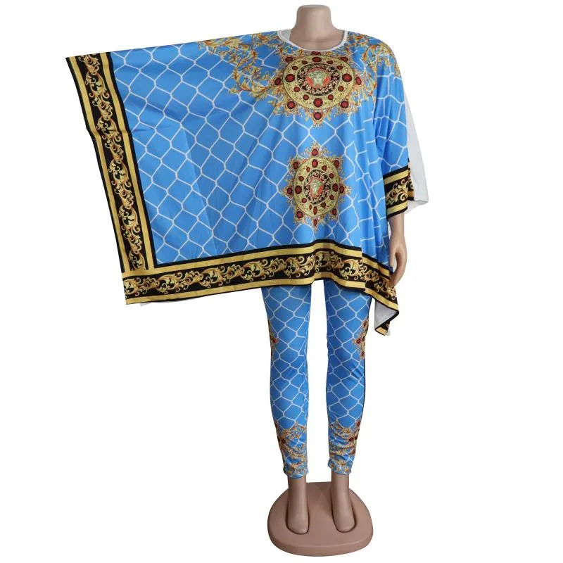 Ethnic Clothing White Blue African Dresses For Women Top Pants Suit Dashiki Print Ladies Clothes Robe Africaine Bazin Fashion 2 Pcs Out