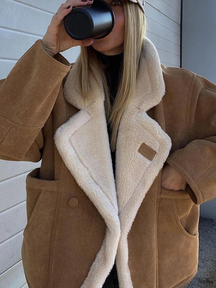 Vintage Faux Leather Warm Coat Thick Fluffy Splicing Big Lapel Coats Female Long Sleeve Outerwear Winter Lady Street Jackets 241030