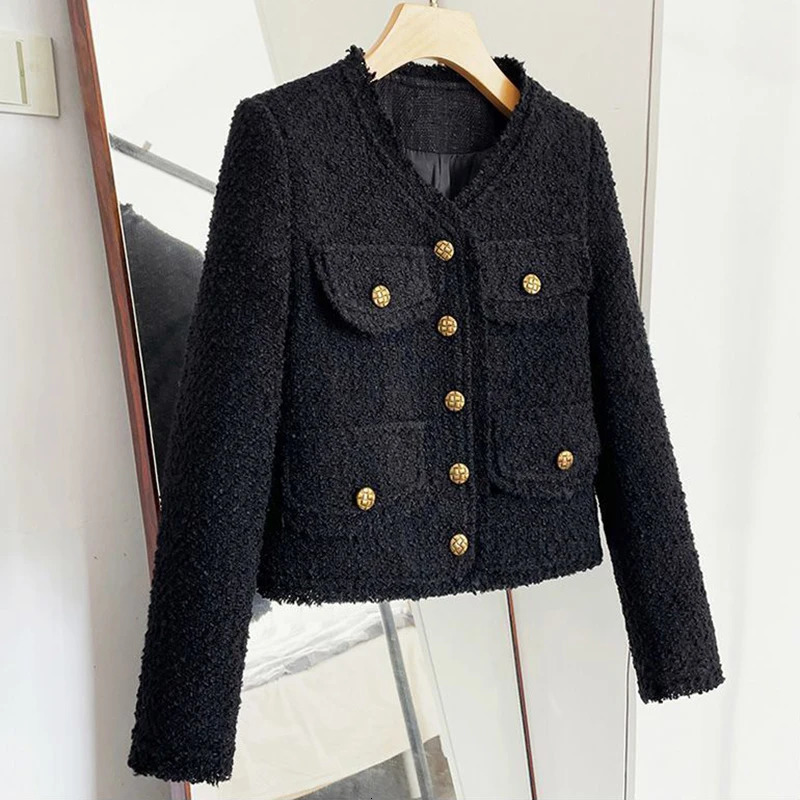 Rimocy Cropped Tweed Jacket Women Korean Fashion Round Neck Single-breasted Jackets Woman Autumn Winter Long Sleeve Chic Coats 241031