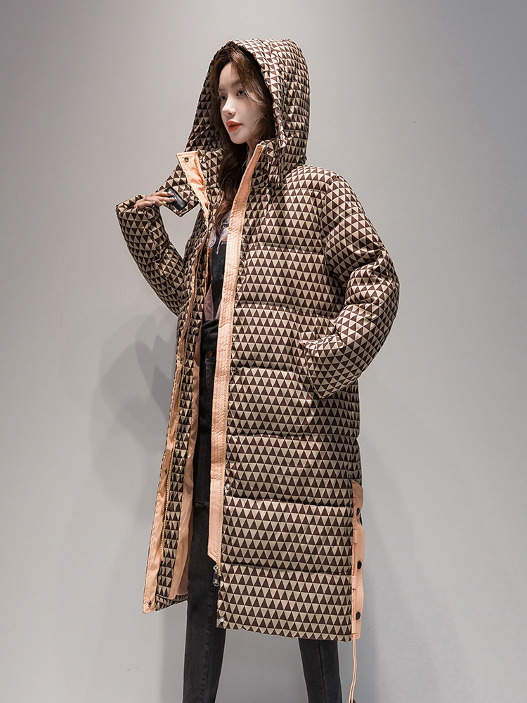 2023 Winter Plaid Long Coat Women ' S Fashion Thicken Hooded Puffer Jacket Female Windproof Warm Outwear