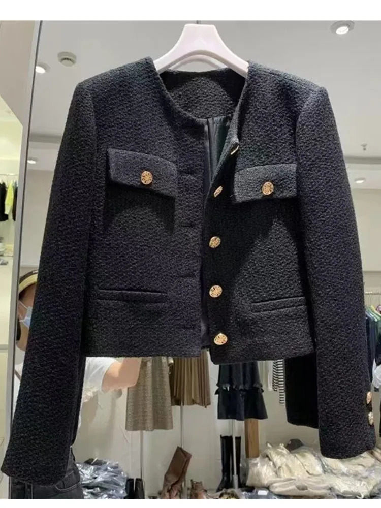 HMA Korean Chic Female Tweed Basic Jacket Coat Women Clothing Runway Style Woolen Outerwear 241031