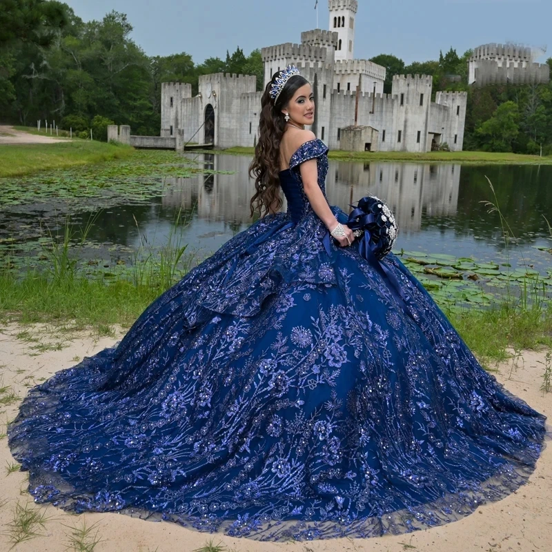 Navy Blue Princess Quinceanera Dresses Off the Shoulder Ball Gown Sweet 16 Dress Sequin Appliques Lace Beads Tull Vestidos 15 De XV Anos