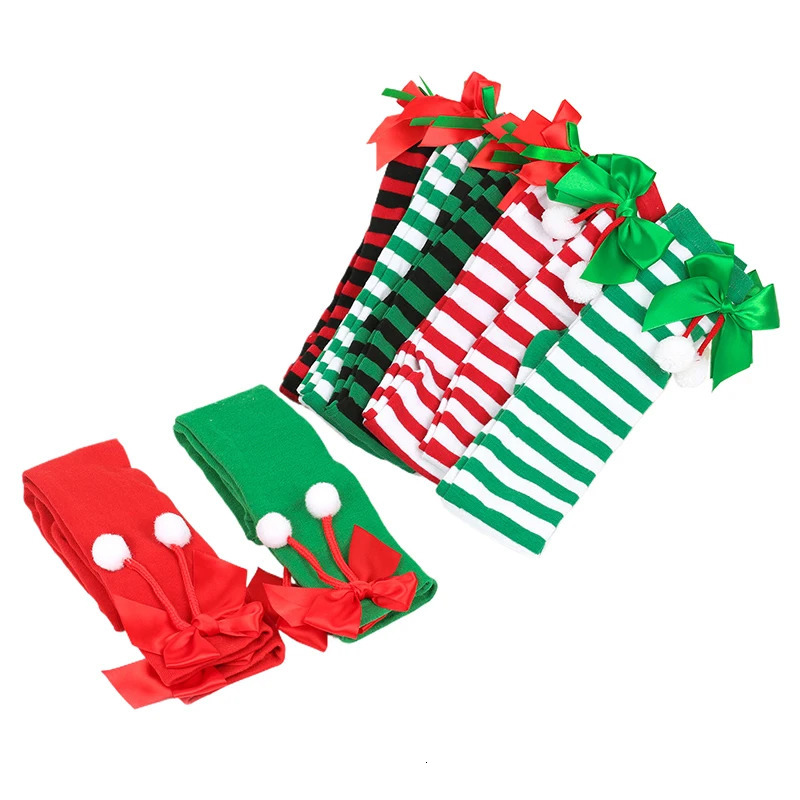 Christmas Striped Long Stockings Bow Christmas Socks Ball Long Socks Fashion Women Soks Sexy Slim Long Soks Striped Hosiery 241031