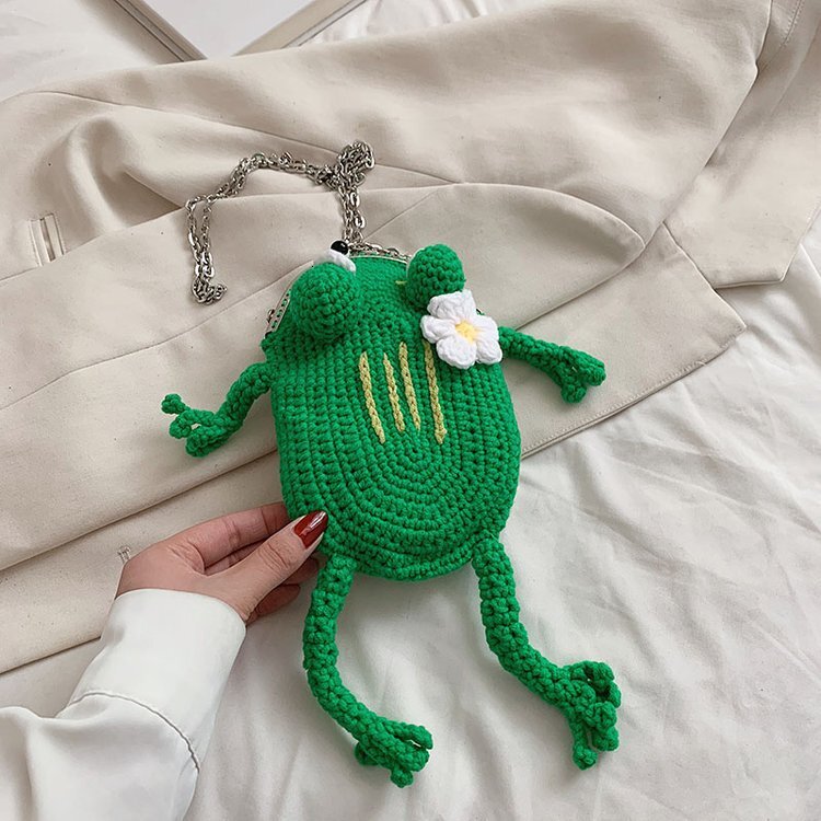 Cute Green Frog Shoulder Knitted Crossbody Casual Women Messenger Decoration Bag Phone Coin Purse