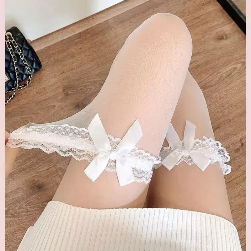 Sexy Stitching Lolita Lace Bow Knee Socks Women Girls Elegant Anti-slip Thigh Stockings Black White High Tube Silk Stocking 241031