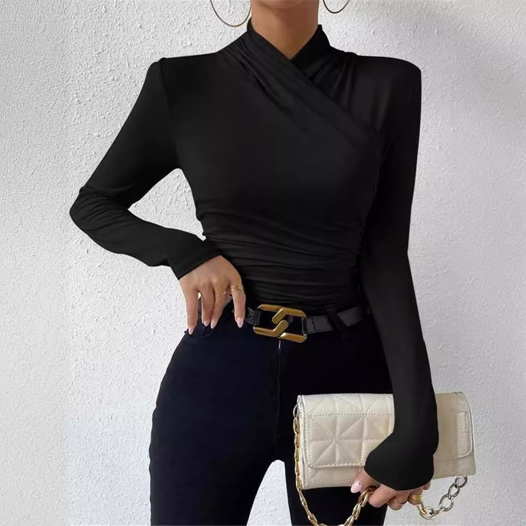 Designer's autumn and winter new design cross neck slim fit versatile pleated T-shirt