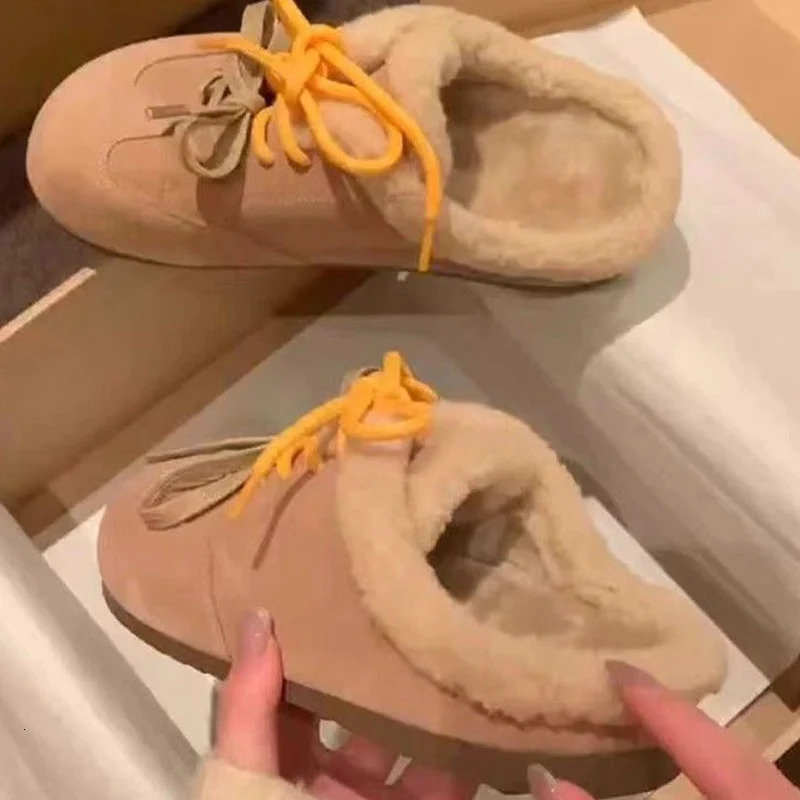 Winter Bow Fur Women Cotton Slippers Short Plush Suede Casual Mules Shoes 2025 Trend Warm Walking Snow Botas De Mujer 241031