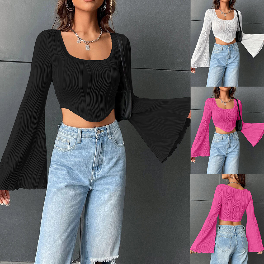 Designer's new women's clothing solid color U-neck exposed navel slimming fashion trumpet long sleeved top sexy short T-shirt for women