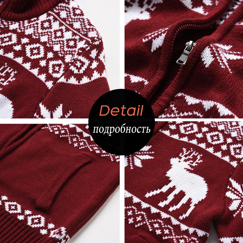 Men Autumn Casual Jacquard Christmas Pattern Zip Sweater Cardigan Jacket Winter Long Sleeve Mock Neck Pullover 241031