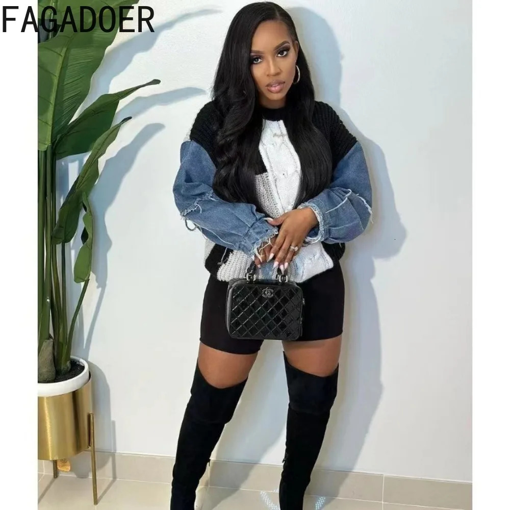 FAGADOER Autumn Knitted Sweater Splicing Denim Pulling Flower Womens Round Neck Long Sleeve Loose Top Womens Street Clothing 241025